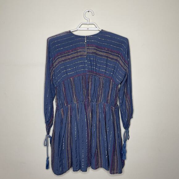 EN CRÈME Blue Colorful Metallic Tiered Sun Dress Tie‎ Tassel Sleeve Boho Sz S - Picture 6 of 11